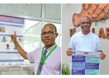 Dr. Dougbeh Chris Nyan highlights Mpox prevention posters at St. Joseph Hospital and D’Calabash in Monrovia