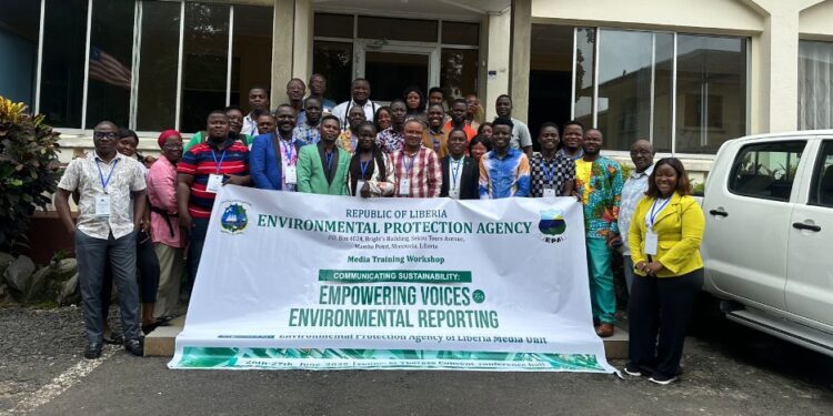 Group photo of journalists and EPA staff during media training workshop on environmental reporting in Monrovia