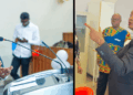 Split image showing NaFAA Acting Director J. Cyrus Saygbe speaking at a podium on the left, and suspended Director-General Emma Glassco gesturing during an indoor discussion on the right.