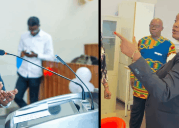 Split image showing NaFAA Acting Director J. Cyrus Saygbe speaking at a podium on the left, and suspended Director-General Emma Glassco gesturing during an indoor discussion on the right.