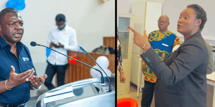 Split image showing NaFAA Acting Director J. Cyrus Saygbe speaking at a podium on the left, and suspended Director-General Emma Glassco gesturing during an indoor discussion on the right.