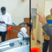 Split image showing NaFAA Acting Director J. Cyrus Saygbe speaking at a podium on the left, and suspended Director-General Emma Glassco gesturing during an indoor discussion on the right.