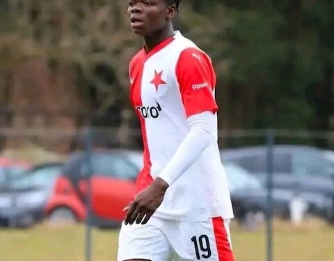 Emmanuel Fully of Slavia Prague in match action during his senior debut against Ludogorets