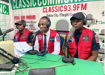 Liberia National Fire Service officials speak live on Classic FM in Kakata, announcing Margibi County’s selection for a new fire truck as part of a national emergency response upgrade.