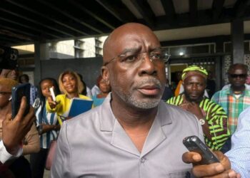 former speaker Cllr. J. Fonati Koffa addresses journalists outside court following bail bond proceedings involving former Speaker J. Fonati Koffa and other lawmakers accused in the Capitol arson case