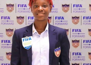 Liberian FIFA assistant referee Hannah Moses poses in official Liberia Football Association blazer after being selected to officiate at WAFCON 2025 in Morocco.