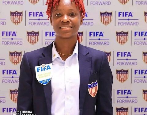 Liberian FIFA assistant referee Hannah Moses poses in official Liberia Football Association blazer after being selected to officiate at WAFCON 2025 in Morocco.