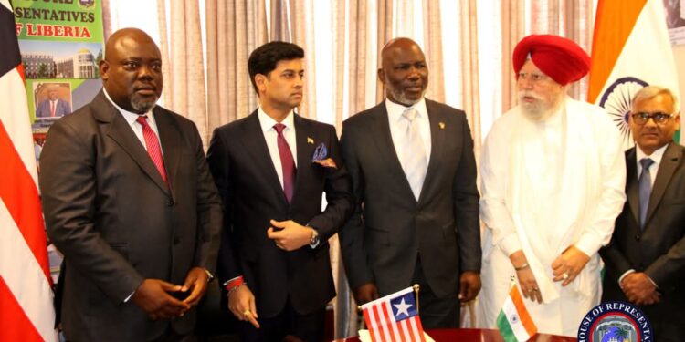 Speaker Richard Koon of Liberia poses with Indian MP Dr. Shrikant Shinde and delegation members at the Capitol Building to strengthen bilateral cooperation on global security and counterterrorism.