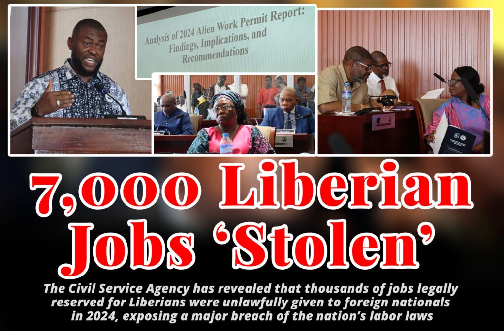 A collage-style news graphic featuring Civil Service Agency Director-General Josiah Joekai addressing the Liberian Senate. The image includes slides from a presentation titled "Analysis of 2024 Alien Work Permit Report" and various senators listening attentively. Bold red and white headline reads: "7,000 Liberian Jobs ‘Stolen’". A caption below states that the CSA revealed thousands of jobs meant for Liberians were unlawfully granted to foreign nationals in 2024, violating labor laws.