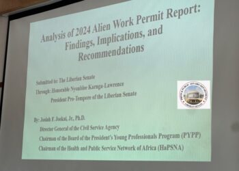Projected slide showing CSA’s 2024 Alien Work Permit Report to the Liberian Senate | Photo Credit: Liberian Senate Facebook page