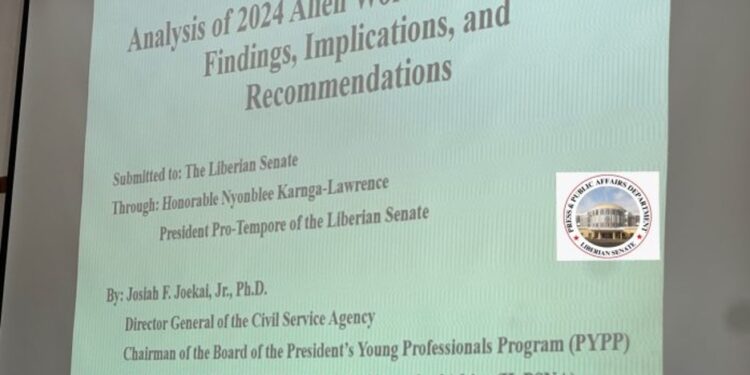 Projected slide showing CSA’s 2024 Alien Work Permit Report to the Liberian Senate | Photo Credit: Liberian Senate Facebook page