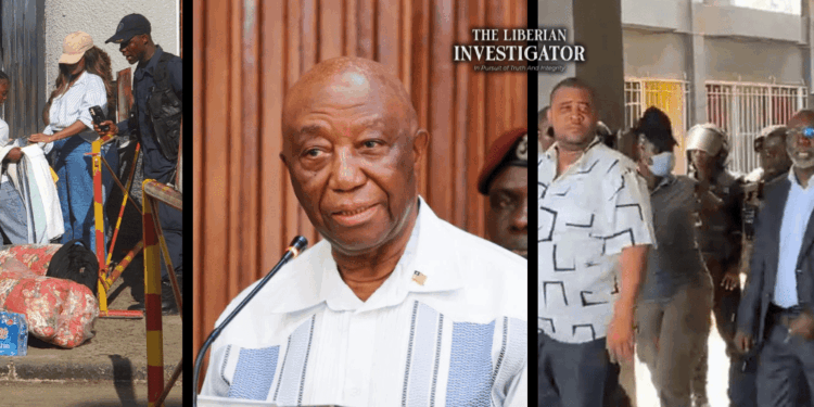 Collage showing the wives of jailed Liberian lawmakers delivering supplies, President Joseph Boakai addressing the nation, and Cllr. Jonathan Fonati Koffa being escorted into court custody.