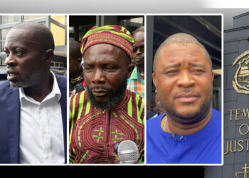 Composite photo of J. Fonati Koffa, Dixon Seboe, Abu Kamara, Jacob Debbie, and the Temple of Justice amid bail bond fraud allegations in Liberia