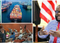A collage depicting Liberia's port reform: the National Port Authority (NPA) logo, a large cargo ship at a bustling port, lawmakers in Liberia’s House of Representatives voting with raised hands, and a government official speaking with the Liberian flag in the background.