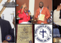 Composite image showing Speaker Richard Koon (left) speaking into a microphone; Liberia Council of Churches official presenting an award to Koon’s representative (top center); Koon holding the framed award plaque (top right); a close-up of the award plaque (bottom left); the Liberia Council of Churches logo (bottom center); and a Rev. Samuel Reeves raising a communion wafer during a religious service (bottom right).