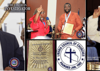 Composite image showing Speaker Richard Koon (left) speaking into a microphone; Liberia Council of Churches official presenting an award to Koon’s representative (top center); Koon holding the framed award plaque (top right); a close-up of the award plaque (bottom left); the Liberia Council of Churches logo (bottom center); and a Rev. Samuel Reeves raising a communion wafer during a religious service (bottom right).