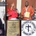 Composite image showing Speaker Richard Koon (left) speaking into a microphone; Liberia Council of Churches official presenting an award to Koon’s representative (top center); Koon holding the framed award plaque (top right); a close-up of the award plaque (bottom left); the Liberia Council of Churches logo (bottom center); and a Rev. Samuel Reeves raising a communion wafer during a religious service (bottom right).