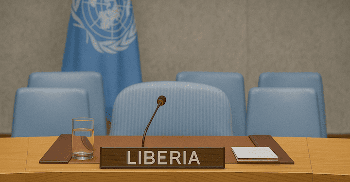 Liberia’s designated seat at the United Nations Security Council, featuring a wooden desk with a nameplate labeled “LIBERIA,” a microphone, a glass of water, documents, and several light blue chairs in the background, with the UN flag hanging behind.