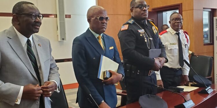 Liberia’s top justice and security officials, including the Police IG and Fire Service Director, appear before the Senate to discuss the Capitol Building fire investigation.