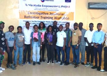 Group photo of investigative journalism fellows trained in Gbarnga under the Liberia Media Empowerment Project, hosted by CEMESP and Internews.