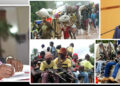 Collage of images depicting Liberia's war crimes court challenges—Dr. Jallah Barbu, head of the War and Economic Crimes Court office, signs a document; displaced civilians carry belongings during the civil war; armed rebel fighters gather on trucks; President Joseph Boakai speaks at a podium