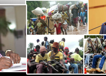 Collage of images depicting Liberia's war crimes court challenges—Dr. Jallah Barbu, head of the War and Economic Crimes Court office, signs a document; displaced civilians carry belongings during the civil war; armed rebel fighters gather on trucks; President Joseph Boakai speaks at a podium
