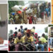 Collage of images depicting Liberia's war crimes court challenges—Dr. Jallah Barbu, head of the War and Economic Crimes Court office, signs a document; displaced civilians carry belongings during the civil war; armed rebel fighters gather on trucks; President Joseph Boakai speaks at a podium