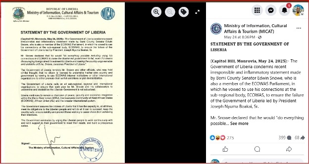 Screenshot of fact check report confirming Senator Edwin Snowe's quote was misrepresented by the Liberian governmen