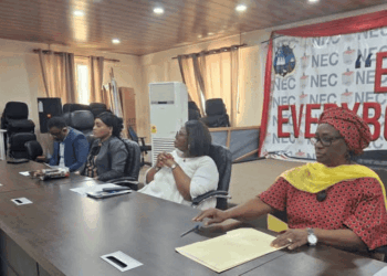 NEC Chairperson Davidetta Browne-Lansanah issues the Writ of Election for the August 12 Nimba District 5 by-election during a press briefing in Monrovia.