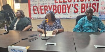 NEC Chairperson Davidetta Browne Lansanah flanked by election officials during a press briefing to announce the opening of nominations for the Nimba District 5 by-election at the NEC headquarters in Monrovia.