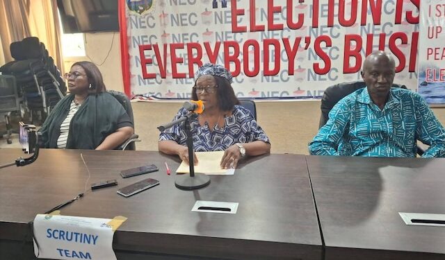 NEC Chairperson Davidetta Browne Lansanah flanked by election officials during a press briefing to announce the opening of nominations for the Nimba District 5 by-election at the NEC headquarters in Monrovia.