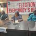 NEC Chairperson Davidetta Browne Lansanah flanked by election officials during a press briefing to announce the opening of nominations for the Nimba District 5 by-election at the NEC headquarters in Monrovia.