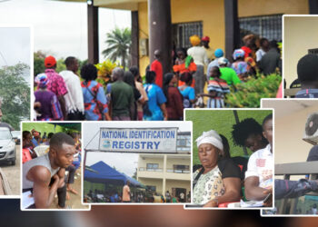 Collage showing chaos and frustration at Liberia’s National Identification Registry centers. Citizens are seen in long queues, arguing with staff, and waiting under tents. A central image shows the NIR office sign, while others feature people looking exhausted, stressed, or pleading. An official wearing an NIR vest appears in one frame. The overall scene highlights overcrowding, disorder, and citizen distress over the ID registration process.