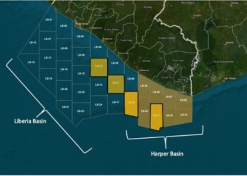 Map showing offshore oil blocks in Liberia, divided into two regions: the Liberia Basin (on the west) and the Harper Basin (on the east). Each basin contains labeled oil blocks (e.g., LB-01 to LB-37). The Liberia Basin blocks are shaded blue, while the Harper Basin blocks are shaded yellow and brown. The map includes the Liberian coastline with major regions and cities marked, such as Monrovia, Greenville, Buchanan, and Harper.