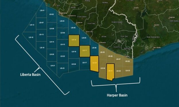 Map showing offshore oil blocks in Liberia, divided into two regions: the Liberia Basin (on the west) and the Harper Basin (on the east). Each basin contains labeled oil blocks (e.g., LB-01 to LB-37). The Liberia Basin blocks are shaded blue, while the Harper Basin blocks are shaded yellow and brown. The map includes the Liberian coastline with major regions and cities marked, such as Monrovia, Greenville, Buchanan, and Harper.