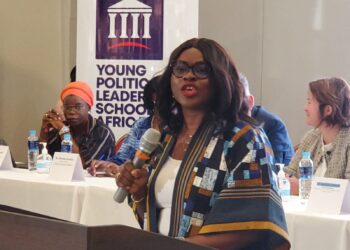 Omolara T. Balogun, Board Chair of Naymote, addresses participants at the launch of the 12th cohort of YPLS Africa, calling for youth leadership and equity in Africa.