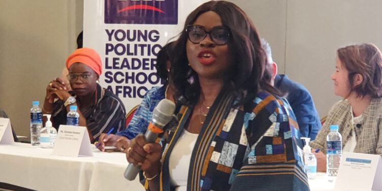 Omolara T. Balogun, Board Chair of Naymote, addresses participants at the launch of the 12th cohort of YPLS Africa, calling for youth leadership and equity in Africa.