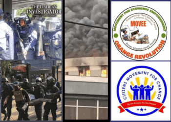 Police officers confront protesters as smoke rises over the Capitol, amid Liberia opposition’s call for a special prosecutor over torture and coercion claims