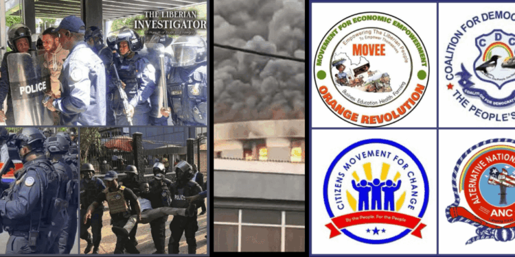 Police officers confront protesters as smoke rises over the Capitol, amid Liberia opposition’s call for a special prosecutor over torture and coercion claims