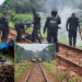 Liberia National Police officers assess damage and clear debris from the ArcelorMittal railway after sabotage in Grand Bassa County.