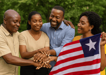 AI-generated image showing four smiling Liberian individuals—two men and two women—standing outdoors in a circle with their hands joined in a gesture of unity and reconciliation. One woman holds a visible Liberian flag, symbolizing national peace and healing, with lush green trees in the background.
