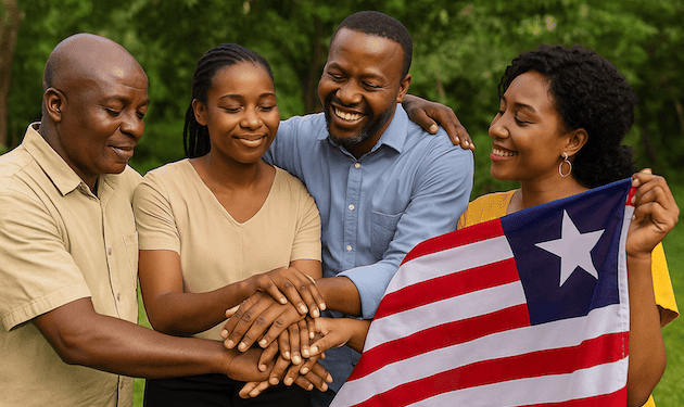 AI-generated image showing four smiling Liberian individuals—two men and two women—standing outdoors in a circle with their hands joined in a gesture of unity and reconciliation. One woman holds a visible Liberian flag, symbolizing national peace and healing, with lush green trees in the background.