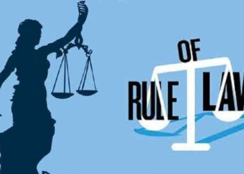Illustration of Lady Justice holding balanced scales and a sword, symbolizing fairness and the rule of law. Next to her is a stylized text graphic reading “Rule of Law,” with the word “Law” forming part of a scale, set against a light blue background.