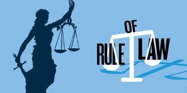 Illustration of Lady Justice holding balanced scales and a sword, symbolizing fairness and the rule of law. Next to her is a stylized text graphic reading “Rule of Law,” with the word “Law” forming part of a scale, set against a light blue background.