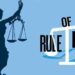 Illustration of Lady Justice holding balanced scales and a sword, symbolizing fairness and the rule of law. Next to her is a stylized text graphic reading “Rule of Law,” with the word “Law” forming part of a scale, set against a light blue background.