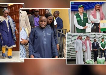 Composite image showing key moments from Liberia’s Saudi rice scandal — former officials Mary Broh and Dee-Maxwell Kemayah being escorted by security after their arrest, and earlier scenes of the rice donation ceremony with Saudi representatives and stacks of donated rice.