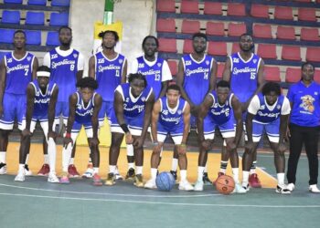 Spartacus Basketball Club poses after scoring a record 111 points in an LBA First Division match under the leadership of Coach Wellay T. Baar.