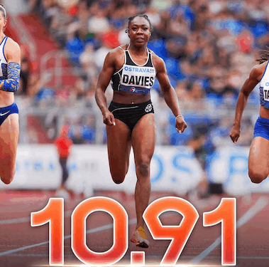 Liberian sprinter Thelma Davies crosses the finish line at the World Athletics Continental Tour Gold meet in Ostrava, clocking a national record of 10.91 seconds in the women's 100m race.