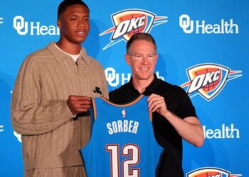 Thomas Sorber presented with OKC Thunder jersey after 2025 NBA Draft press conference