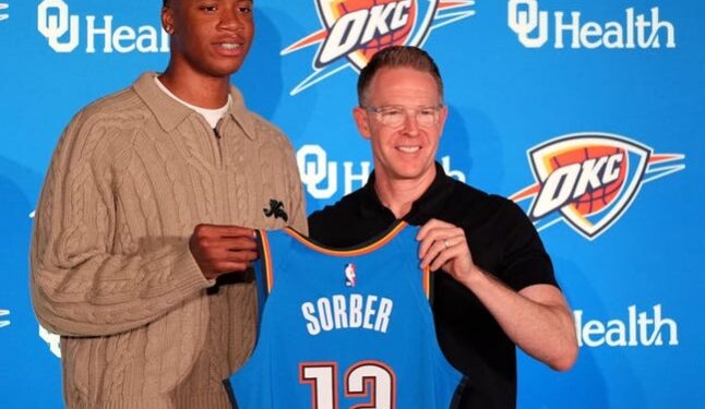 Thomas Sorber presented with OKC Thunder jersey after 2025 NBA Draft press conference